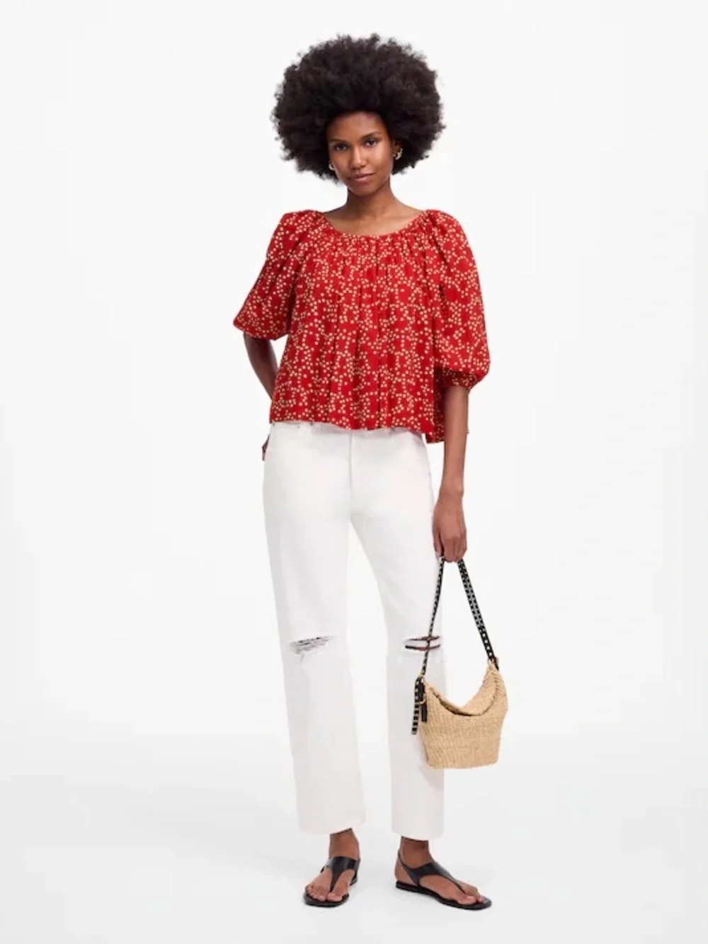 MADEWELL S Shirred Puff-Sleeve Top in Dot • Festival Red Classic Scattered Dots